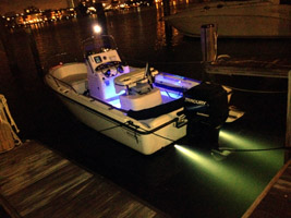 power boat with Dr. LED underwater light at night
